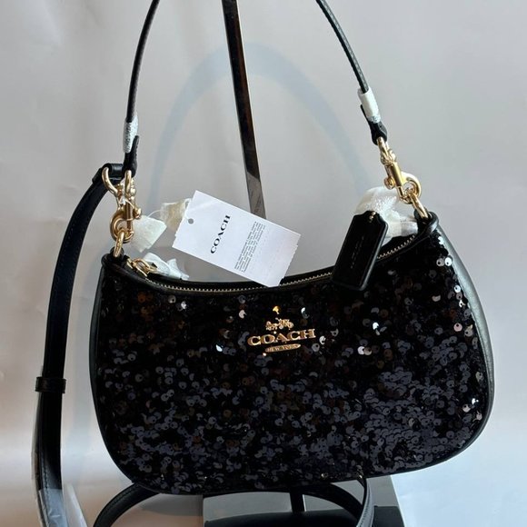 COACH CO951 Teri Shoulder Bag In Sequins And Smooth Leather Gold/Black - Picture 12 of 15